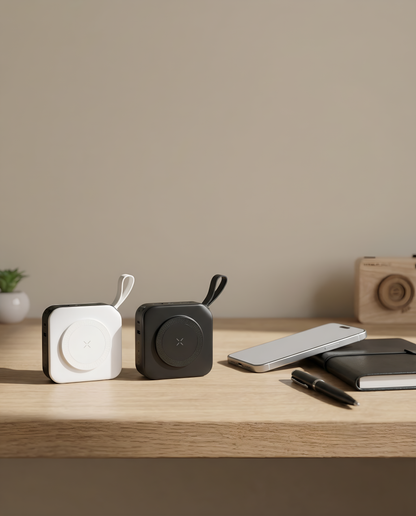 JuiceUp 5in1 Travel Power Bank | Supports wireless charging | Black and white variant, creative workdesk shot